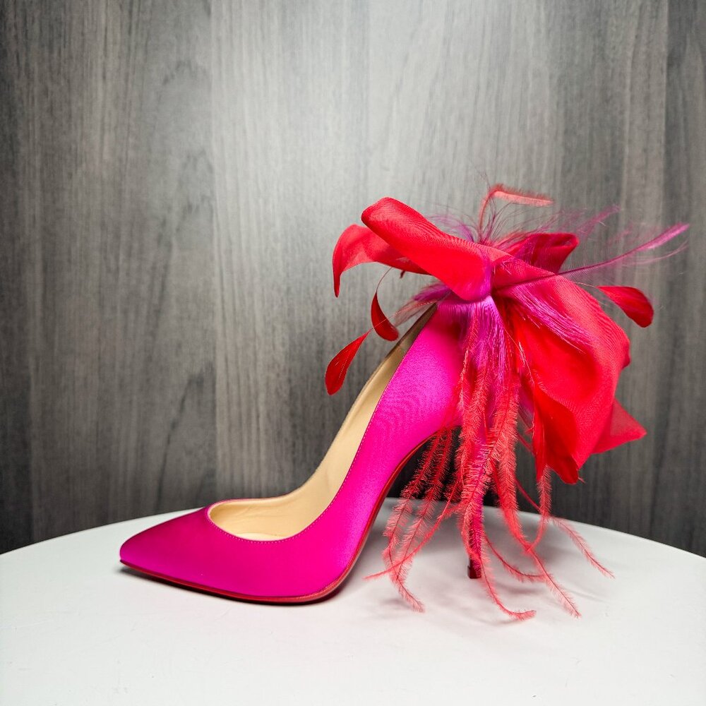 Louboutin Anemone Plume pink satin feather heels - Picture 1 of 10